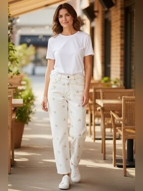 Risen Tummy Control Cream Embroidered Barrel Jeans